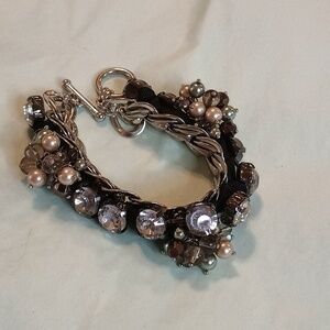 Black Bling Chunky Bracelet Crystal Sparkle and Faux Pearls